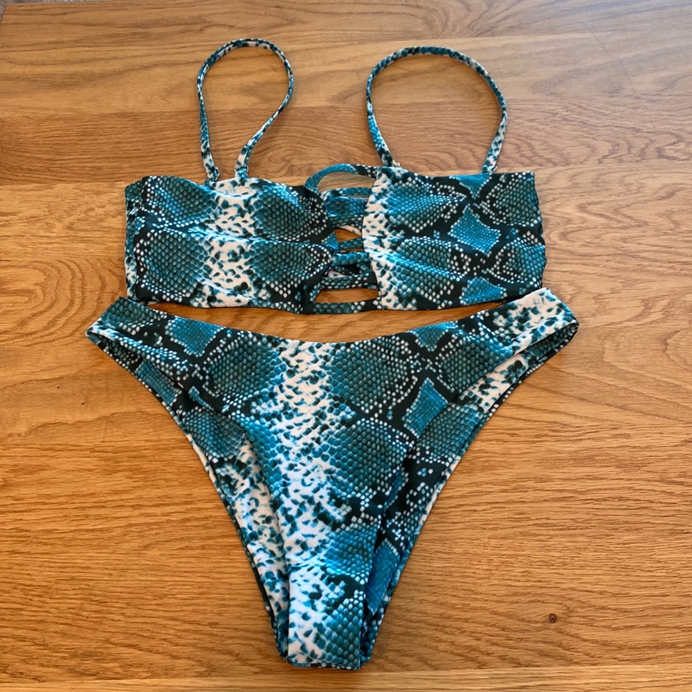 Teal snakeskin bandeau top and high waist bottom